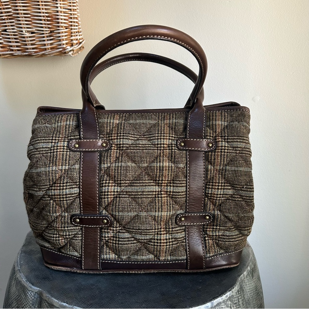 J. Crew Brown Plaid Quilted Tote with Dark Brown Leather Trim